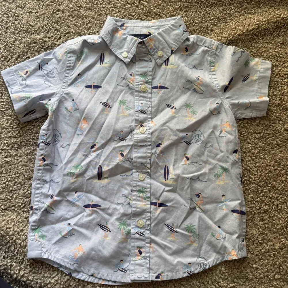 NWT Janie and Jack Toddler Boy SS Poplin Heather Blue Surfer Print Sz 3